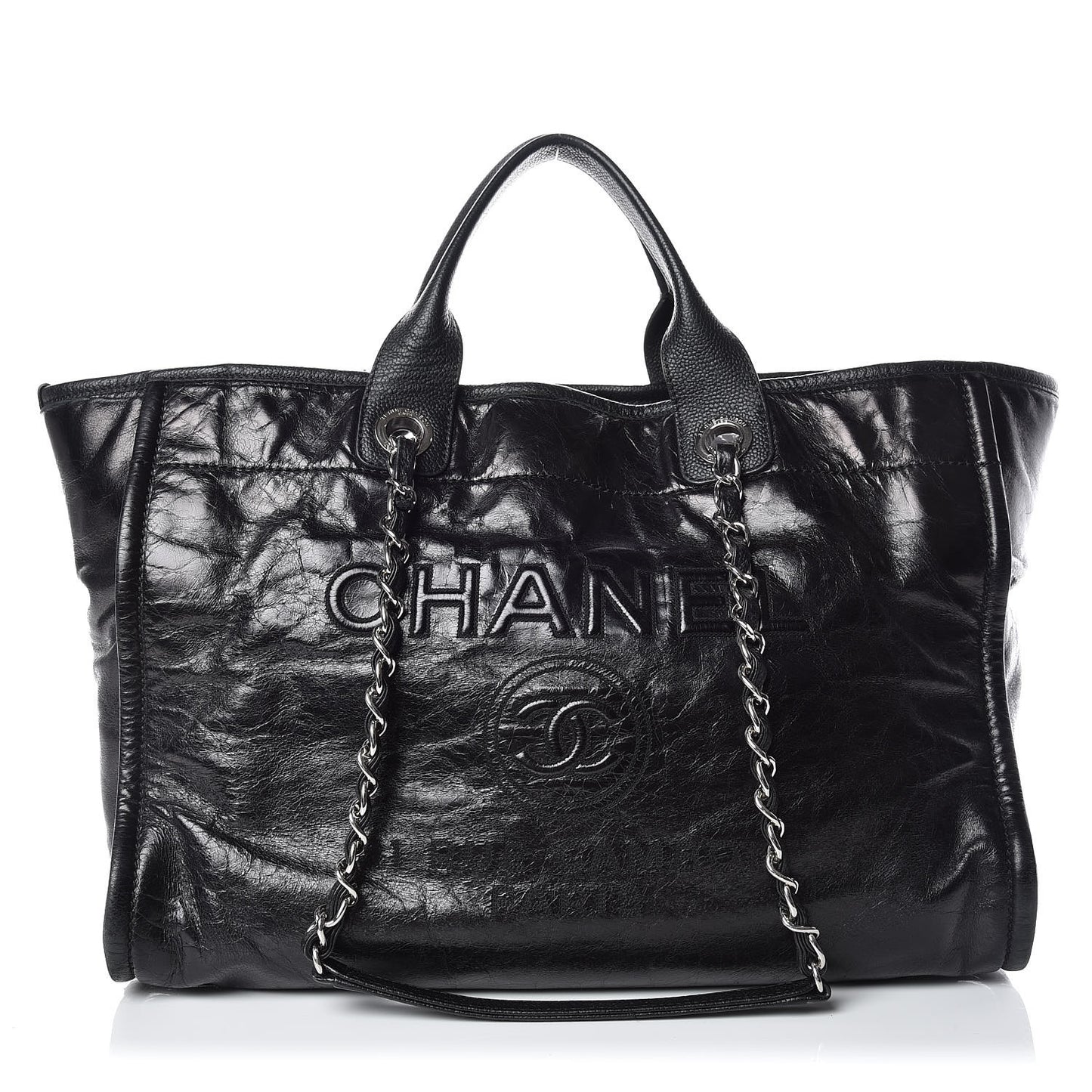 Glazed Calfskin Large Deauville Tote Black