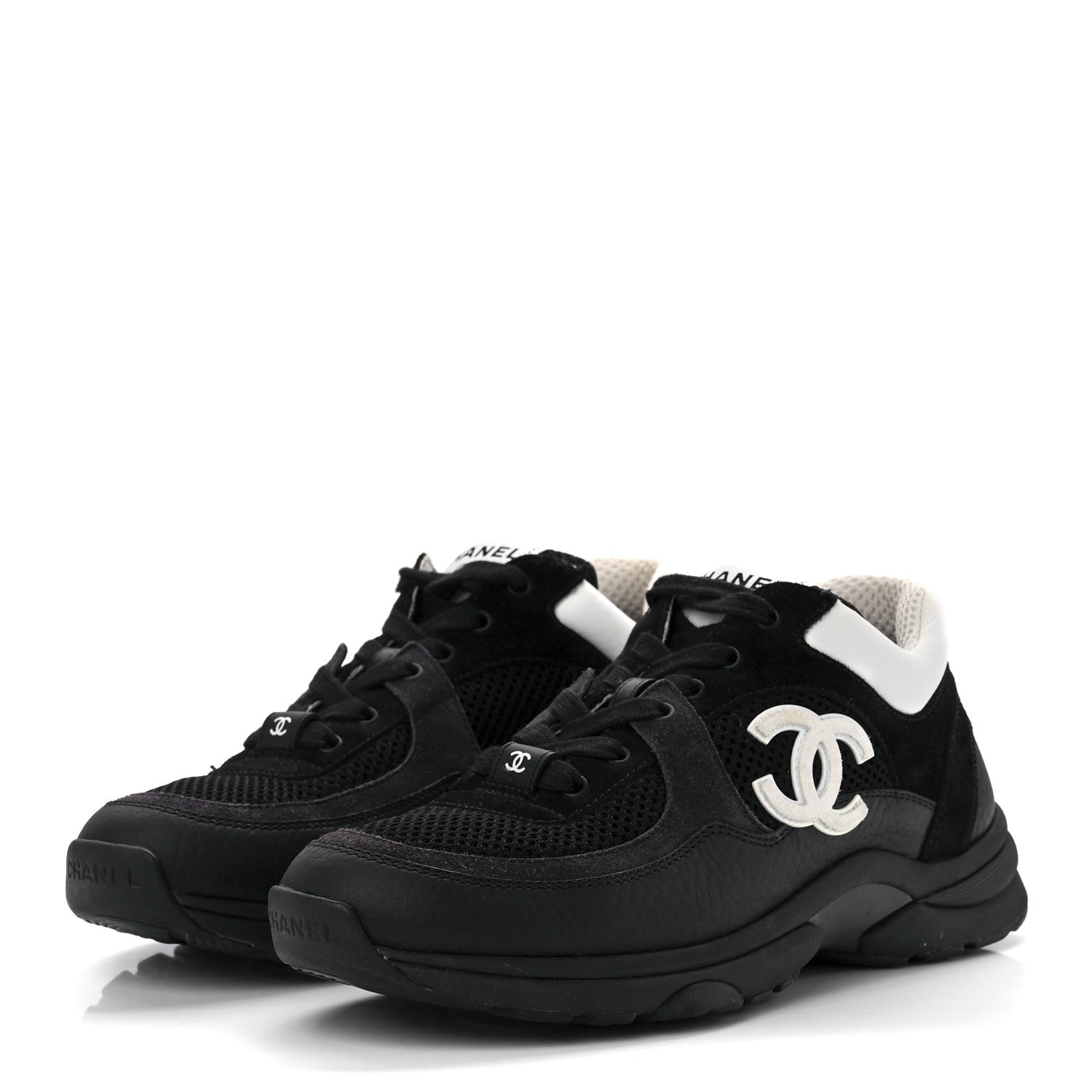 Chanel Mesh Suede Grained Calfskin Womens CC Sneakers 36.5 Black White 3 of 9