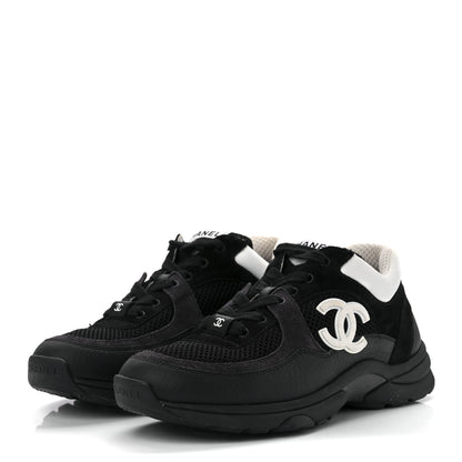 Chanel Mesh Suede Grained Calfskin Womens CC Sneakers 36.5 Black White 3 of 9