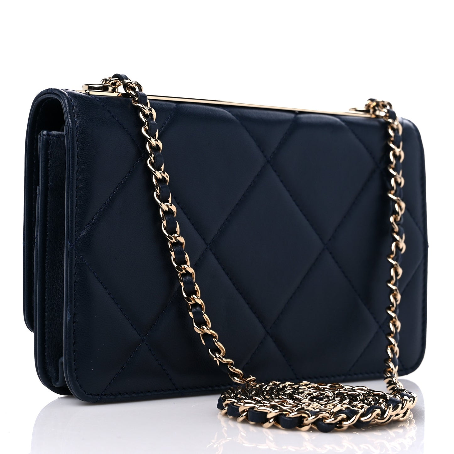 Lambskin Quilted Trendy CC Wallet On Chain WOC Navy