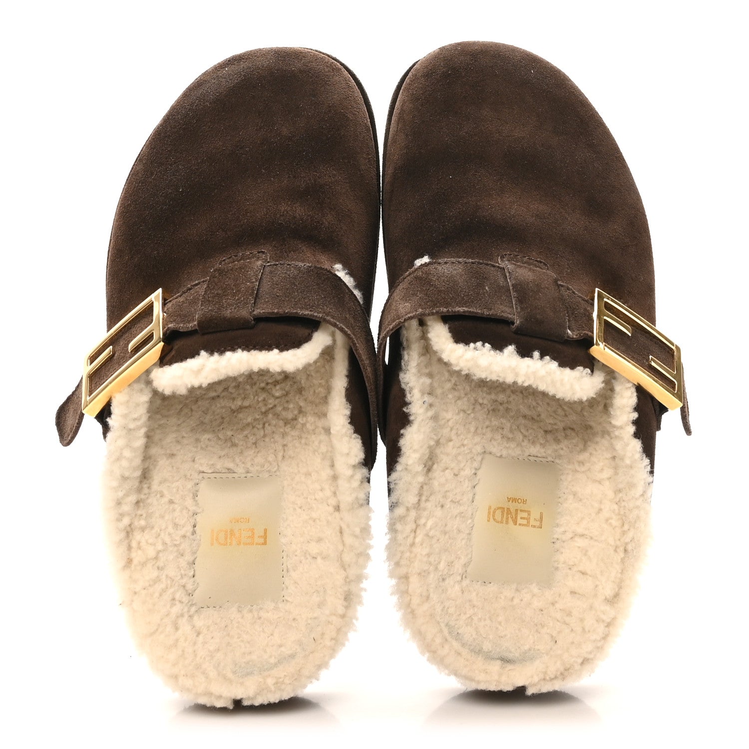 Fendi Suede Shearling Fendi Feel Buckled Clogs 36 Mogano Latte