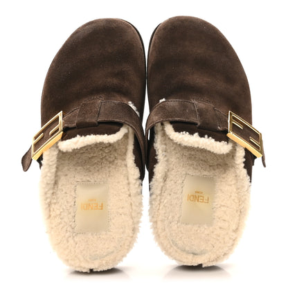 Fendi Suede Shearling Fendi Feel Buckled Clogs 36 Mogano Latte 3 of 9