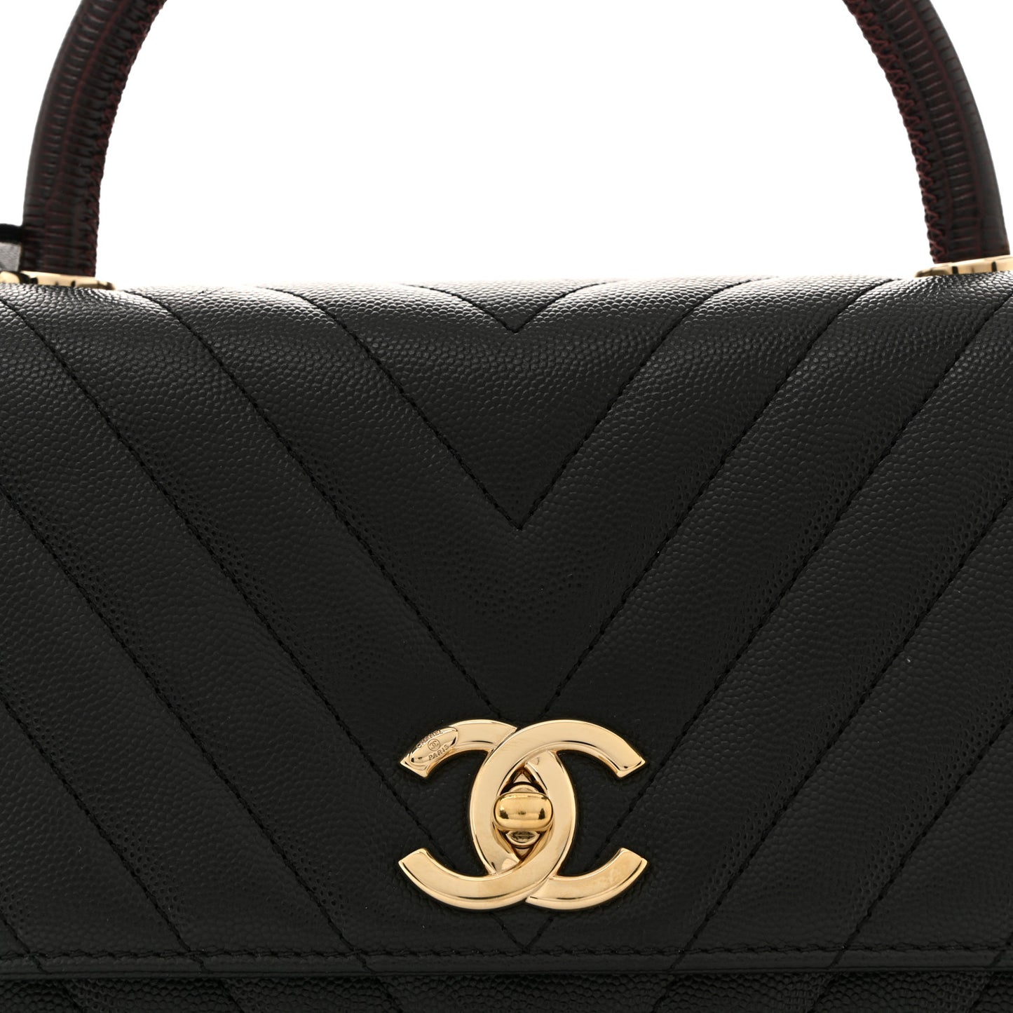 Caviar Lizard Embossed Quilted Chevron Small Coco Handle Flap Black