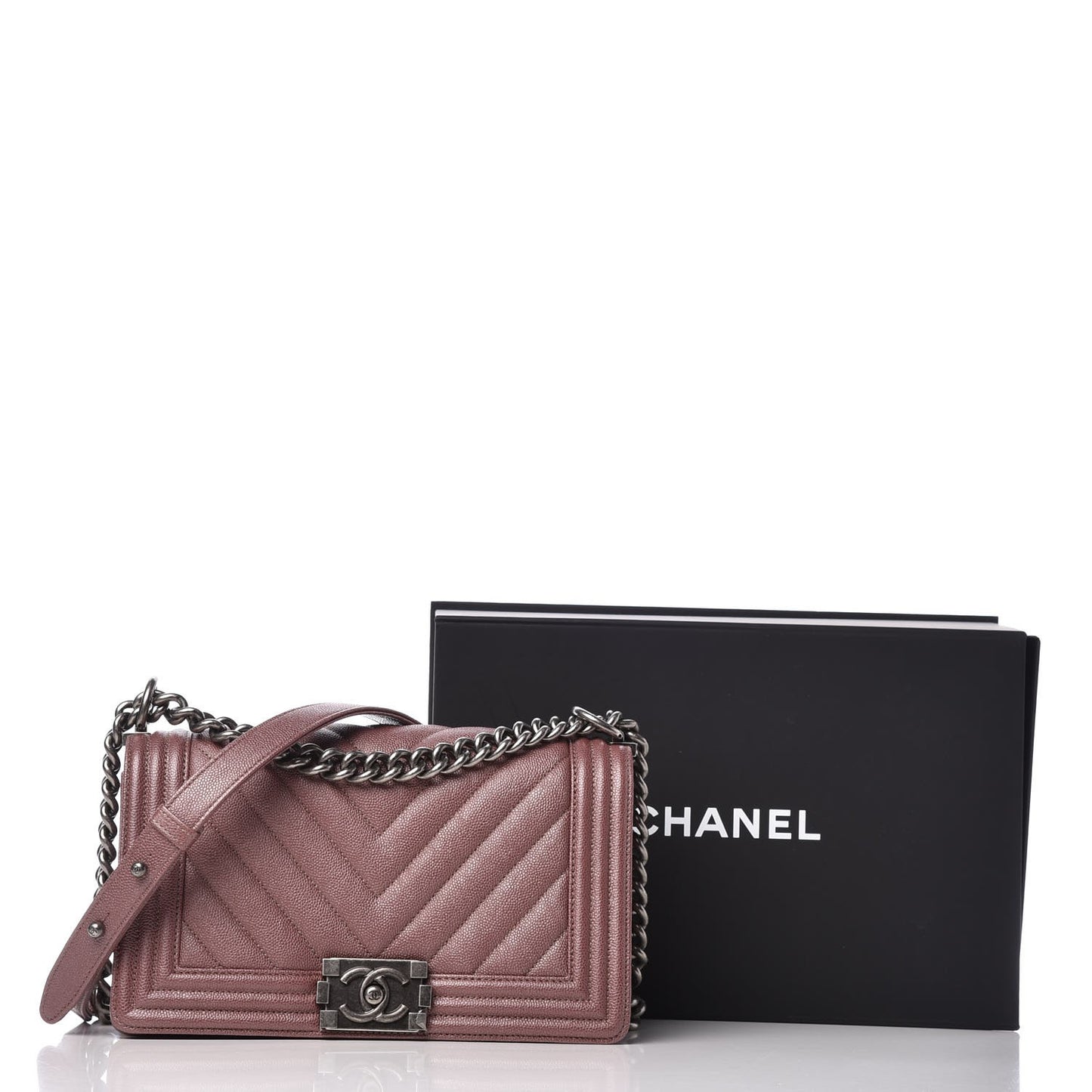 Metallic Caviar Chevron Quilted Medium Boy Flap Dark Pink