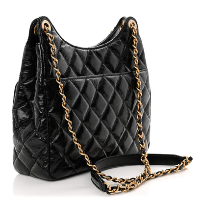 Chanel Shiny Crumpled Calfskin Quilted Wavy CC Hobo Black 3 of 10