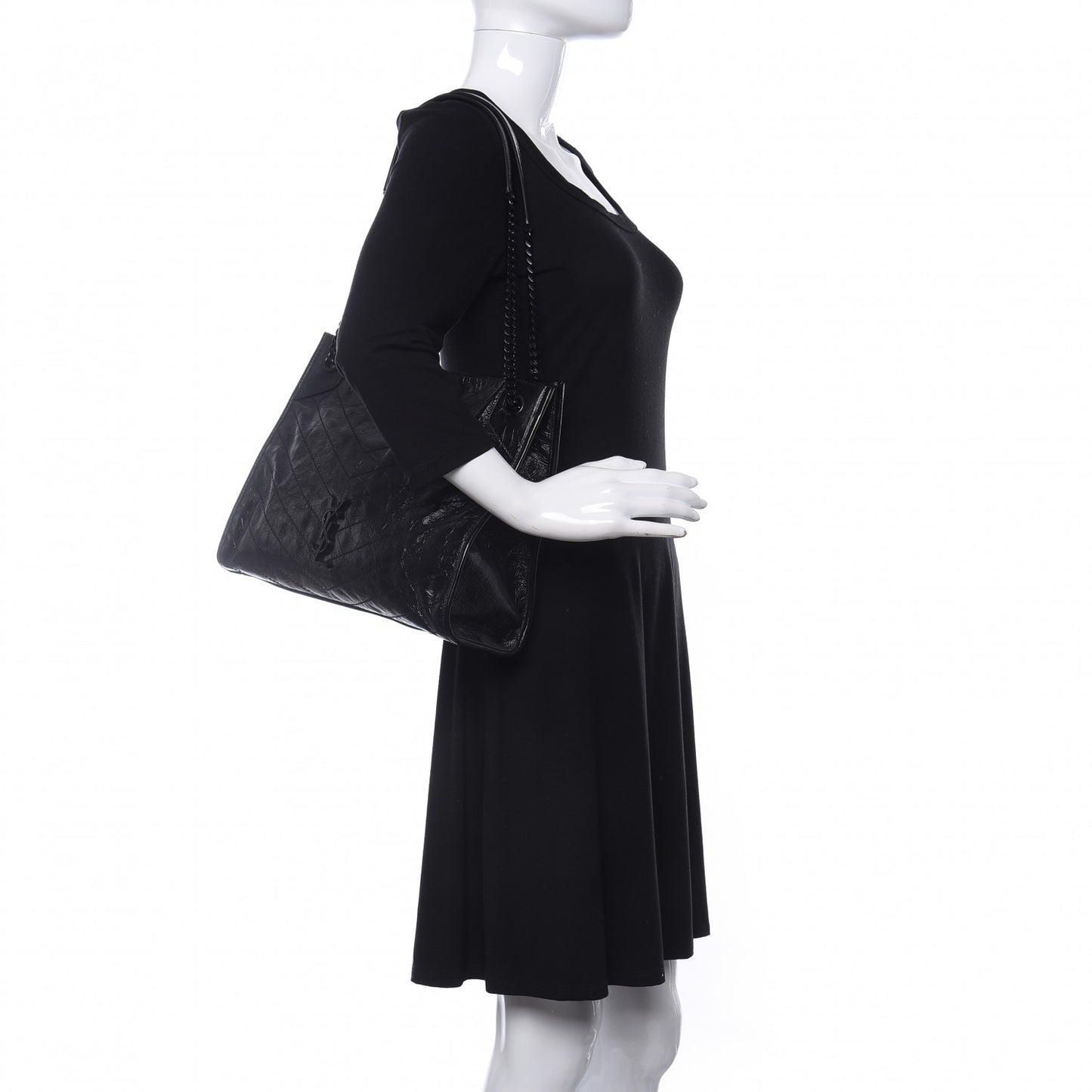 Crinkled Calfskin Matelasse Monogram Medium Niki Shopper Tote Black