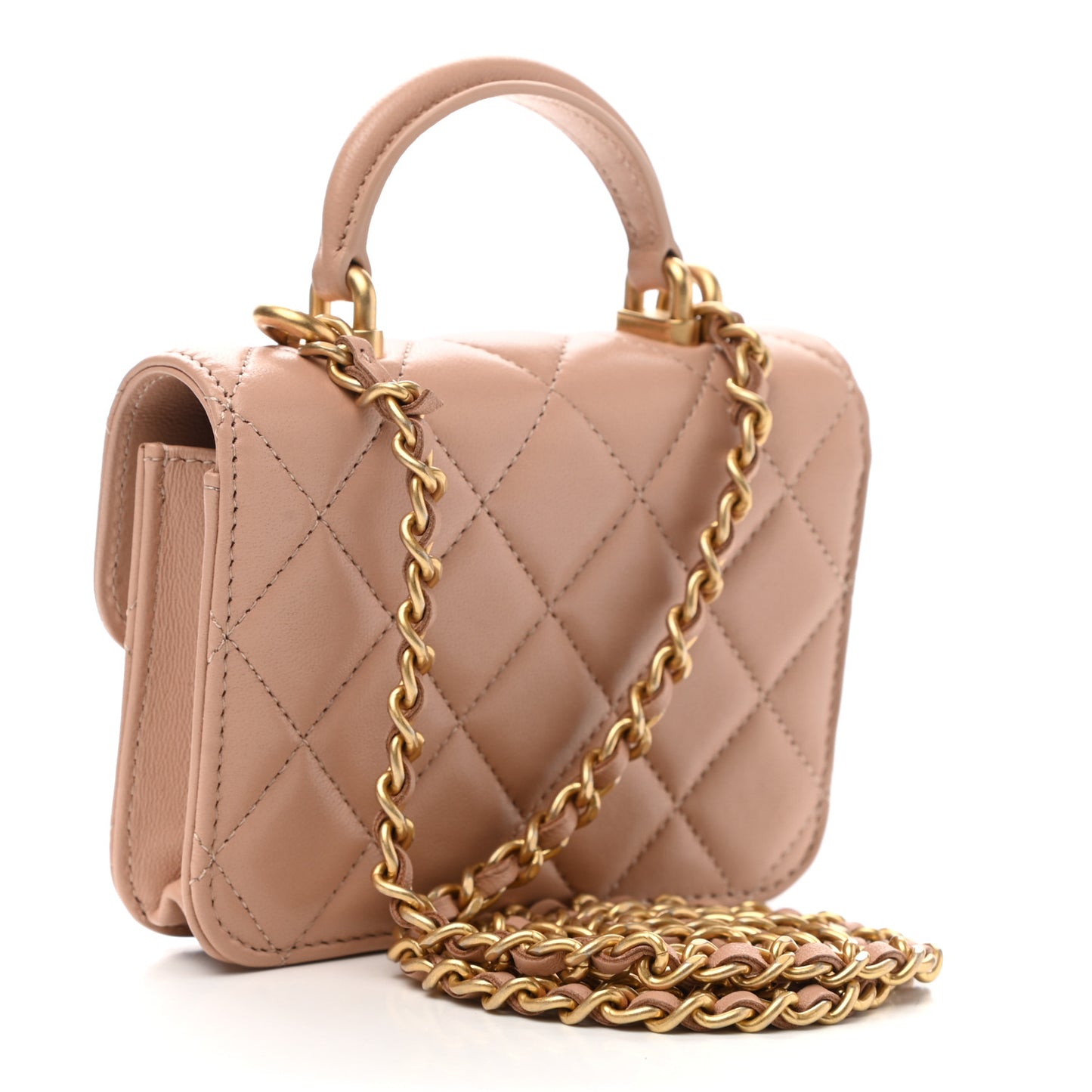 Lambskin Quilted Top Handle Flap Coin Purse With Chain Beige