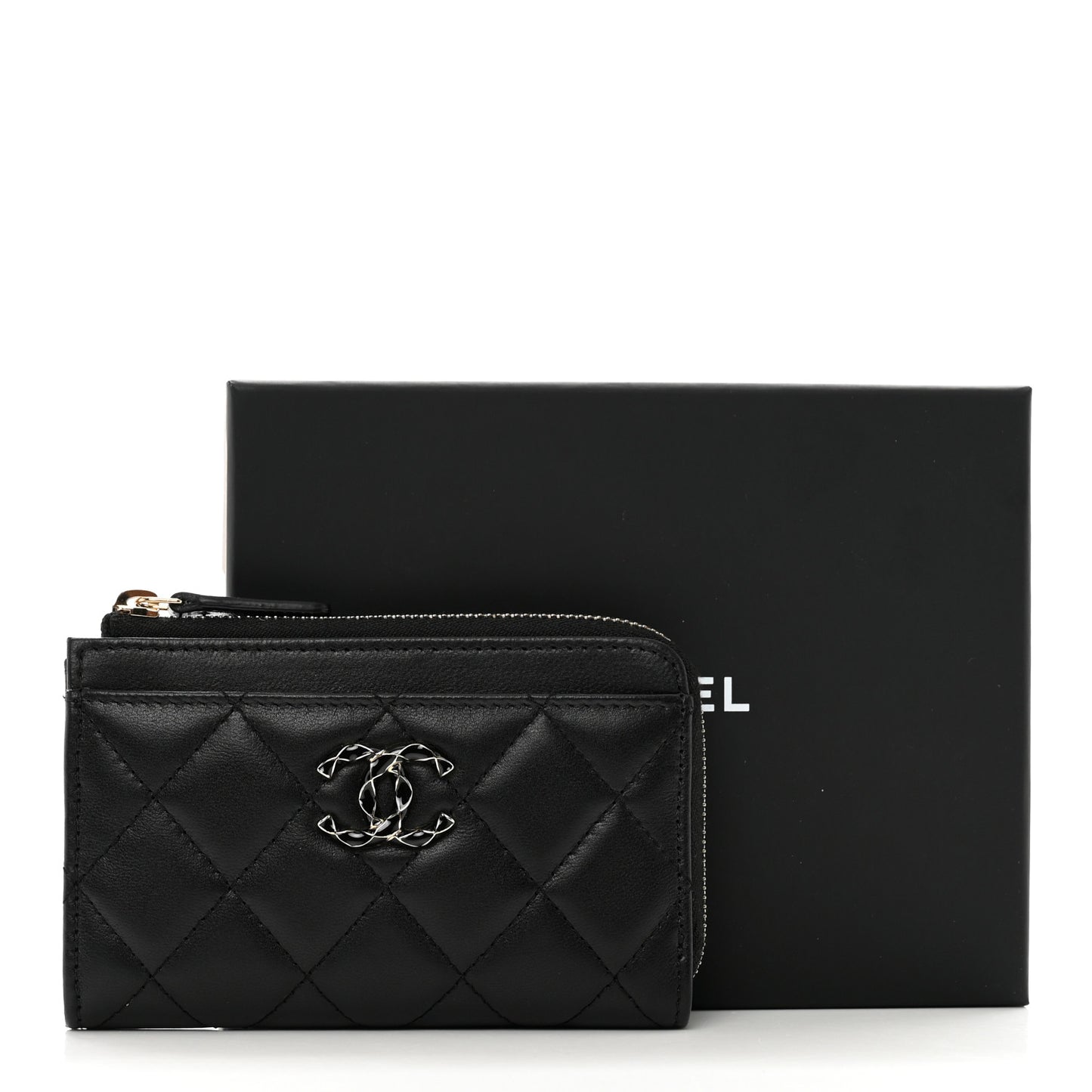 Lambskin Enamel Quilted Zippered Card Holder Black