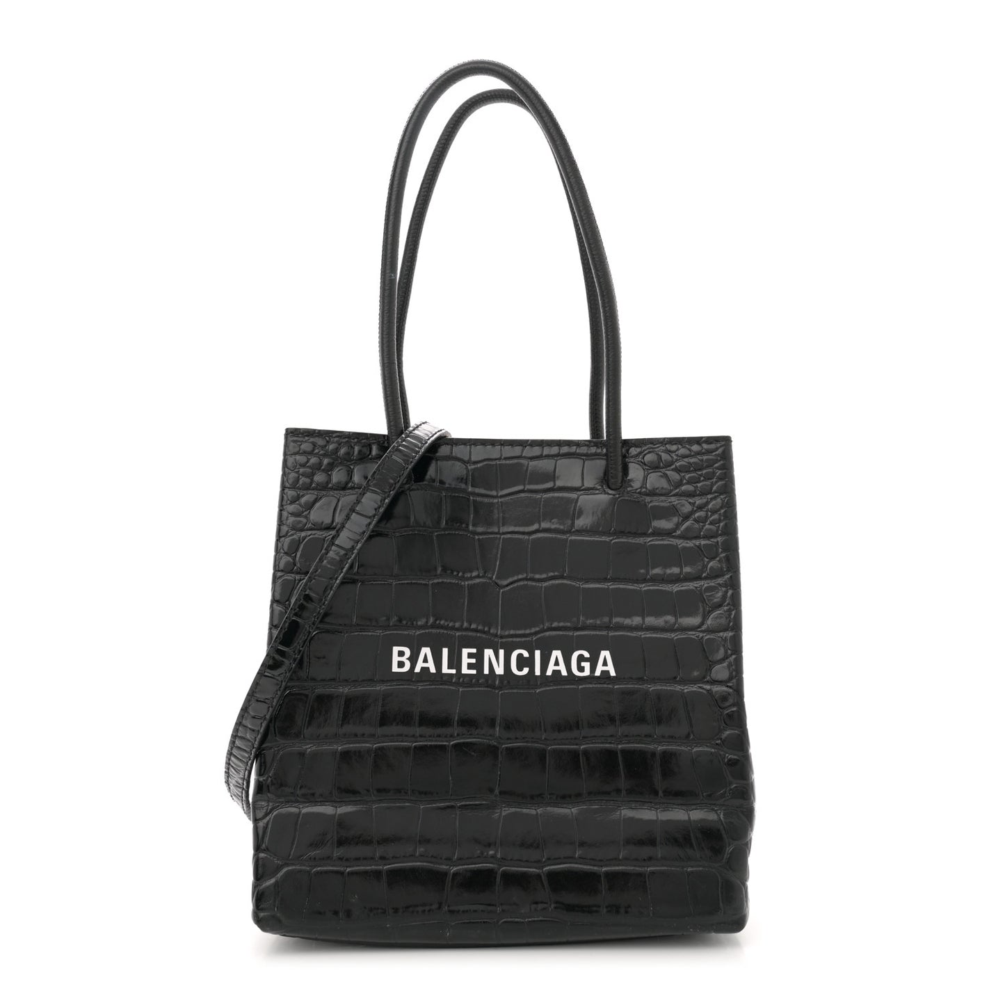 Shiny Calfskin Logo Crocodile Embossed North South Shopper Tote XXS Black White