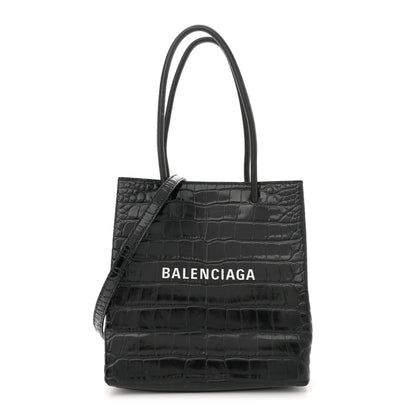 Balenciaga Shiny Calfskin Logo Crocodile Embossed North South Shopper Tote XXS Black White 1 of 10