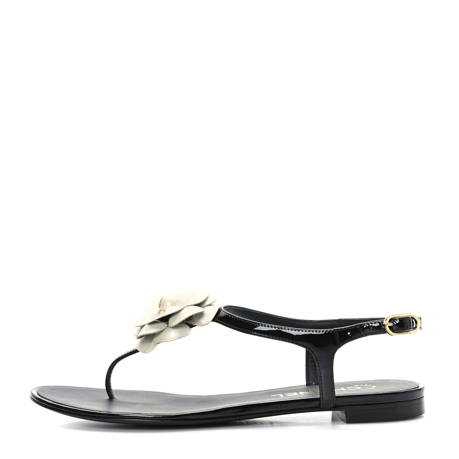 Chanel Lambskin Camellia Thong Sandals 37.5 Black 1 of 7