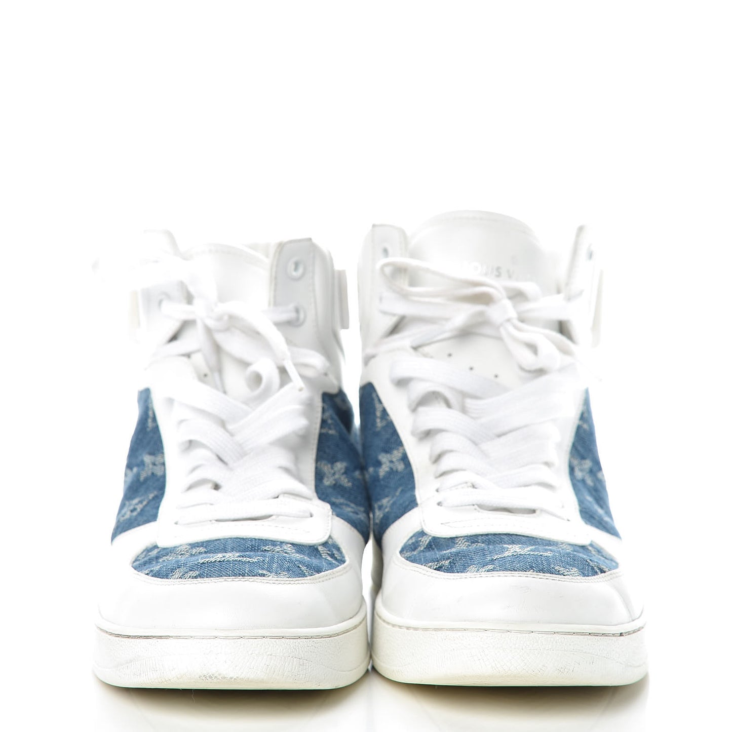 Calfskin Monogram Denim Rivoli High Top Sneakers 7.5 White