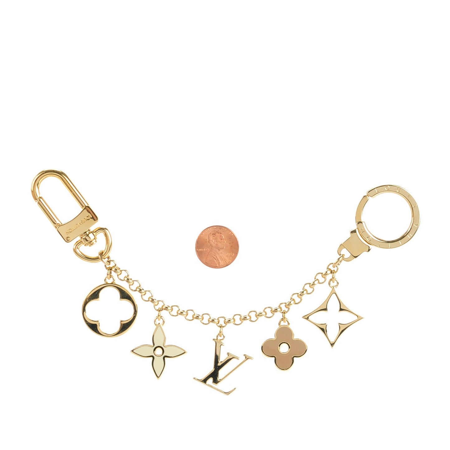 Brass Enamel Fleur De Monogram Bag Charm Chain Gold