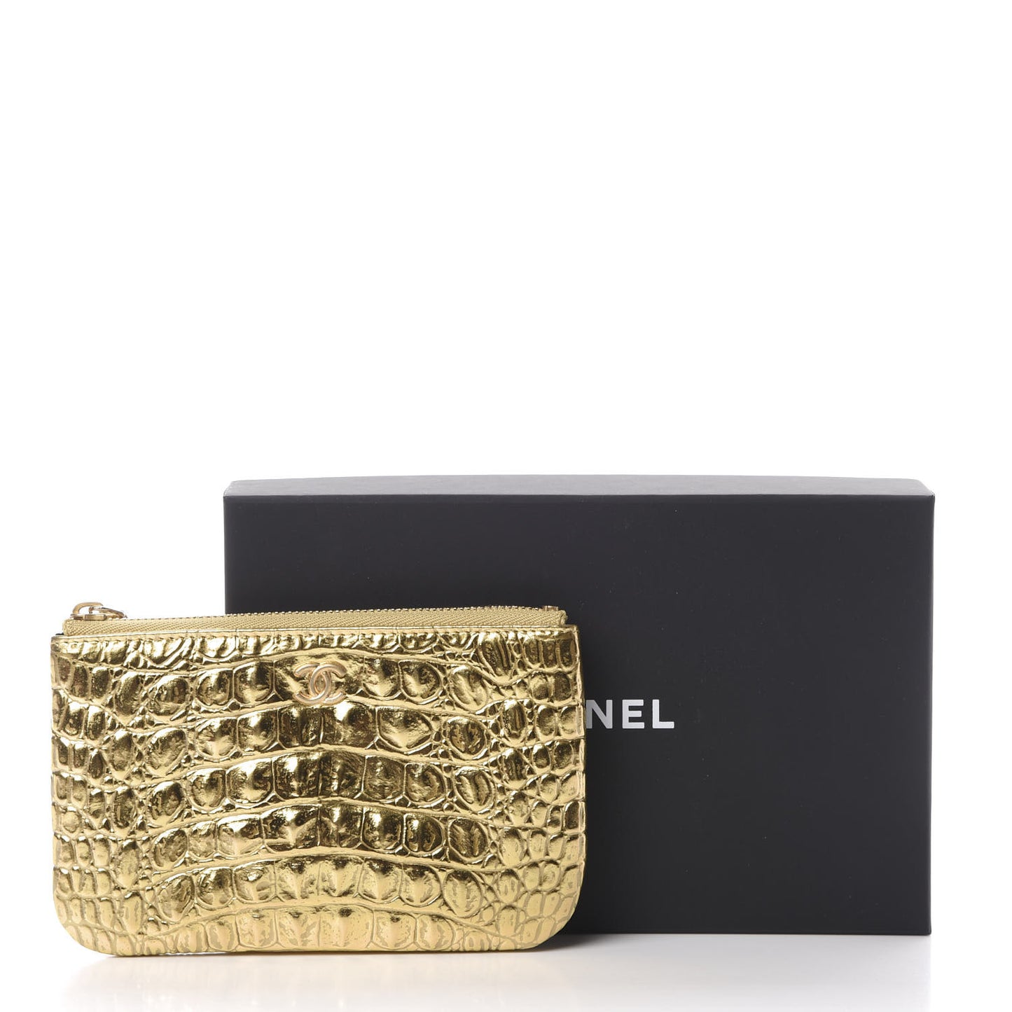 Metallic Calfskin Crocodile Embossed Cocodile Cosmetic Case Gold