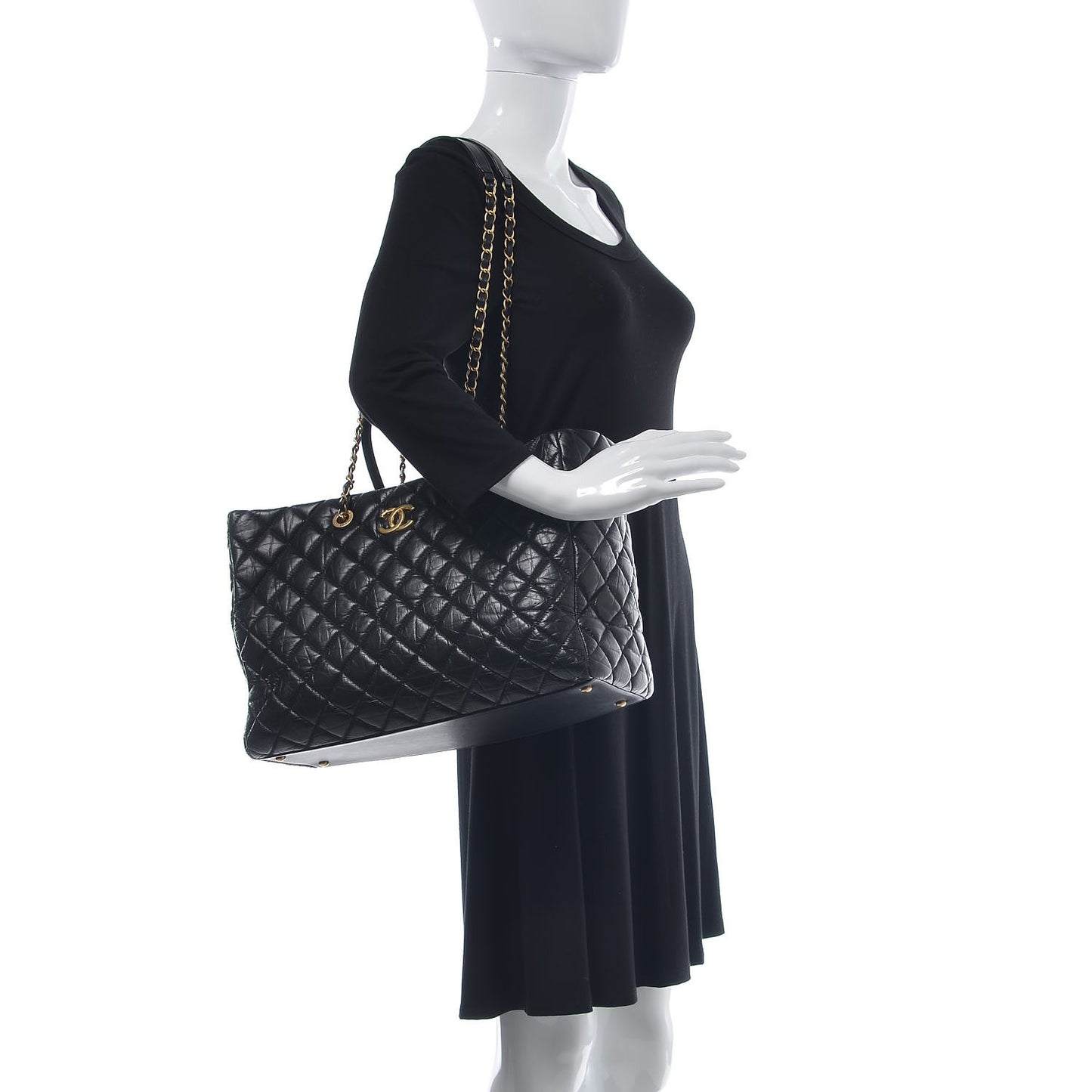 Aged Calfskin Quilted Large Coco Handle Shopping Tote Black