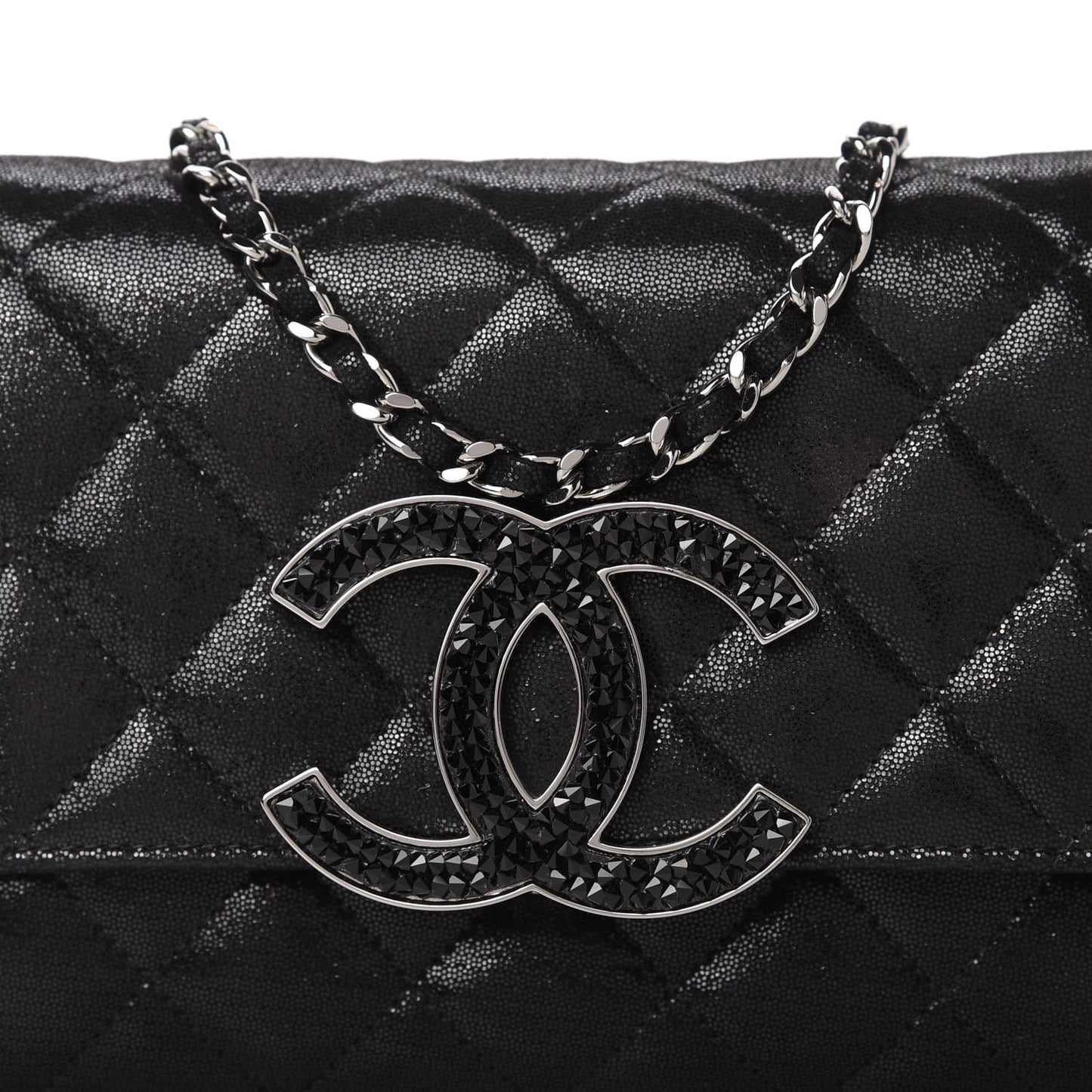 Iridescent Caviar Crystal Quilted Wallet On Chain WOC Black