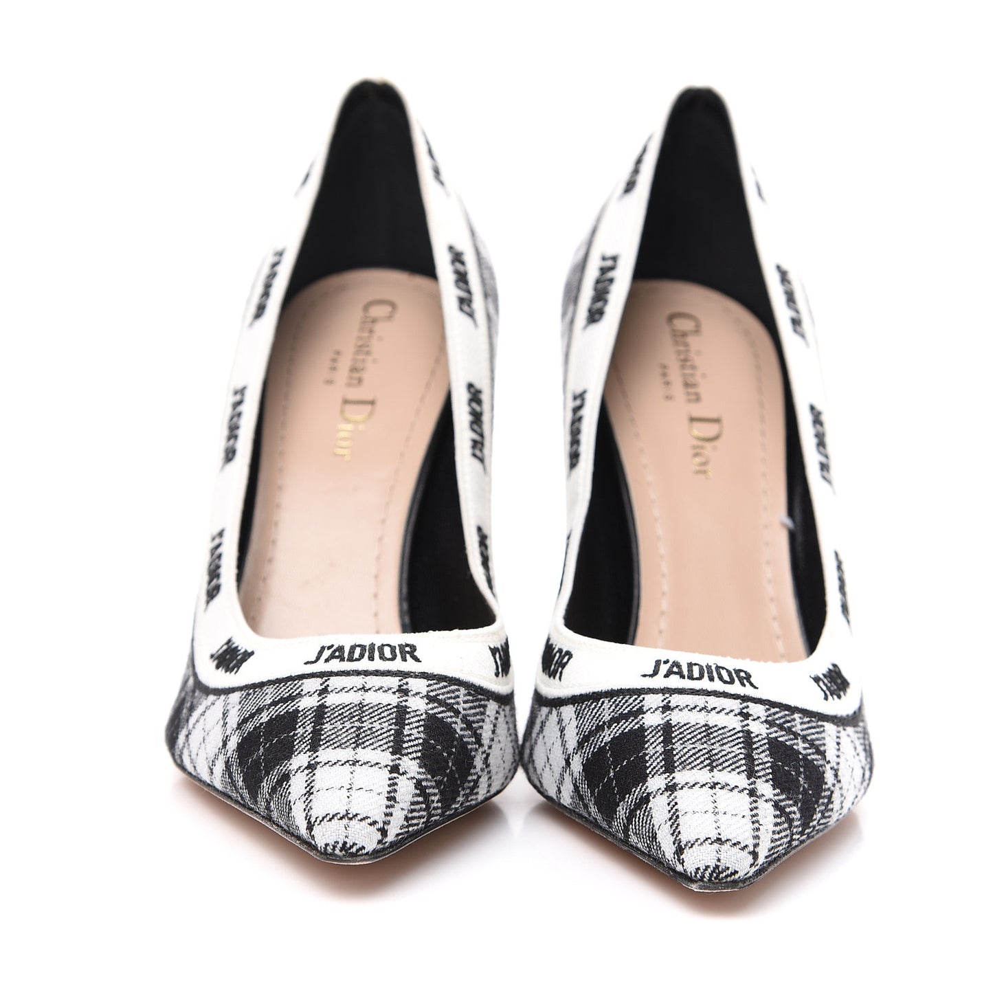 Canvas Ribbon Tartan Print Embroidered J'Adior 100mm Pumps 38 Black Off White