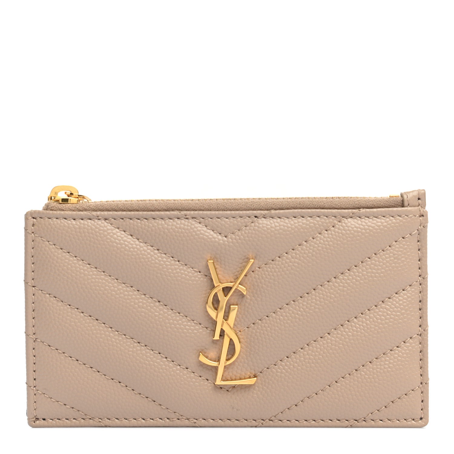 Saint Laurent Grain De Poudre Matelasse Chevron Monogram Fragments Zippered Card Case Nude Powder 1 of 7