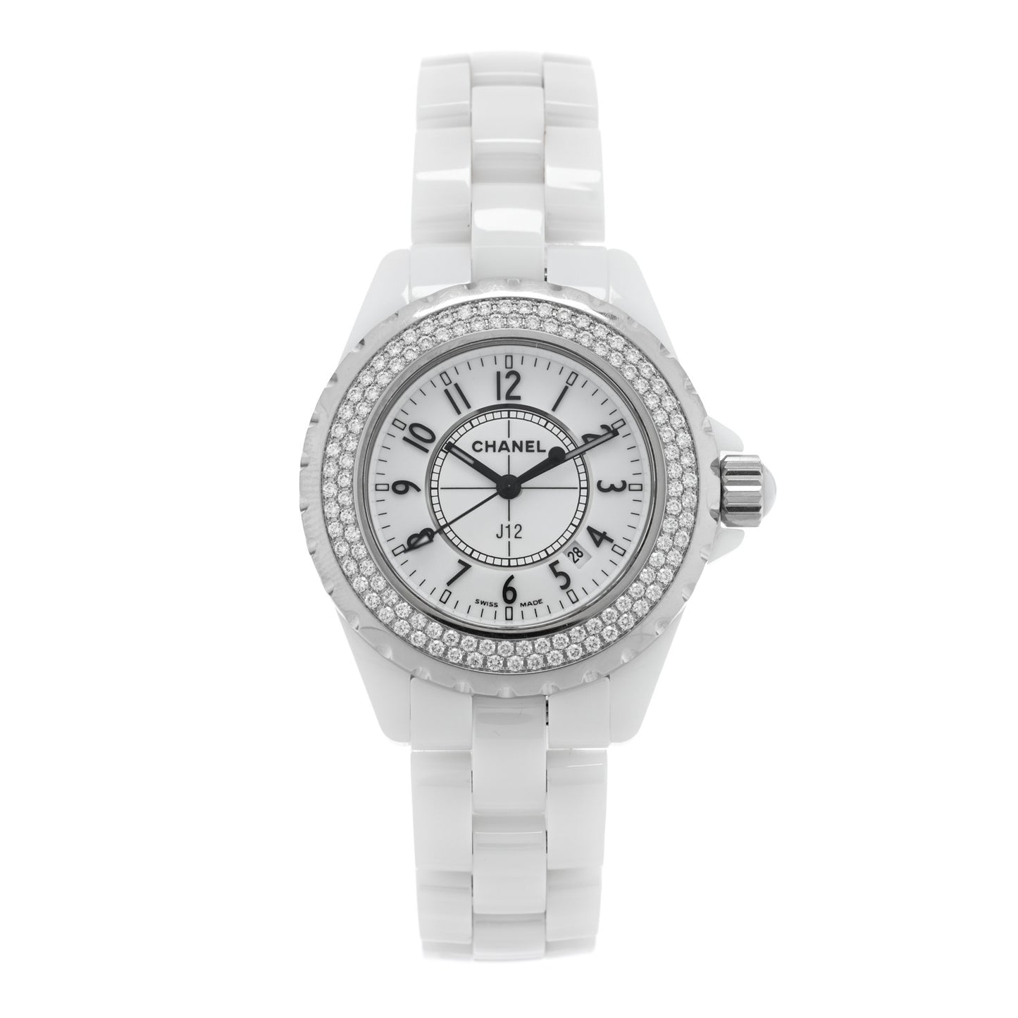 Stainless Steel Ceramic Diamond Pave Bezel 33mm J12 Quartz Watch White