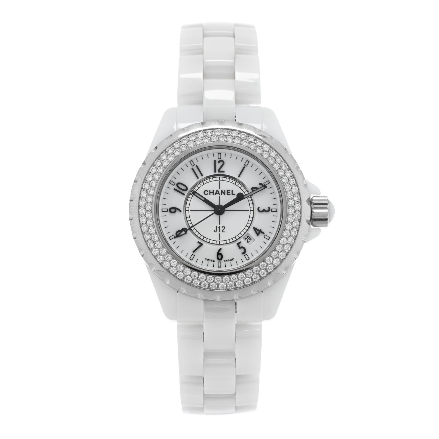Chanel Stainless Steel Ceramic Diamond Pave Bezel 33mm J12 Quartz Watch White 1 of 5