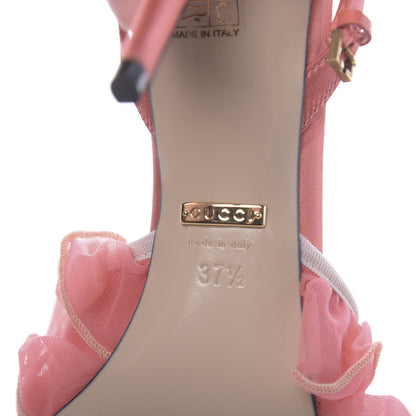 Gucci Tulle Ruffle Mid Heel Slingback Sandals 37.5 Peach White 8 of 9