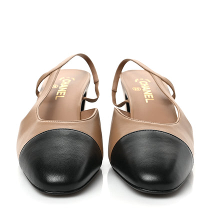 Chanel Goatskin Grosgrain Cap Toe CC Slingback Pumps 41.5 Dark Beige Black 2 of 8