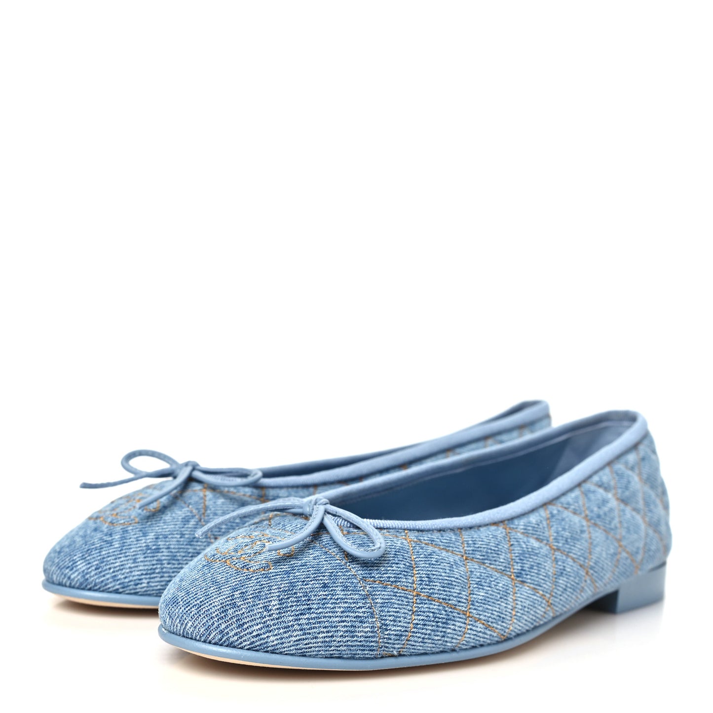 Washed Denim Quilted Cap Toe CC Ballerina Flats 38.5 Light Blue