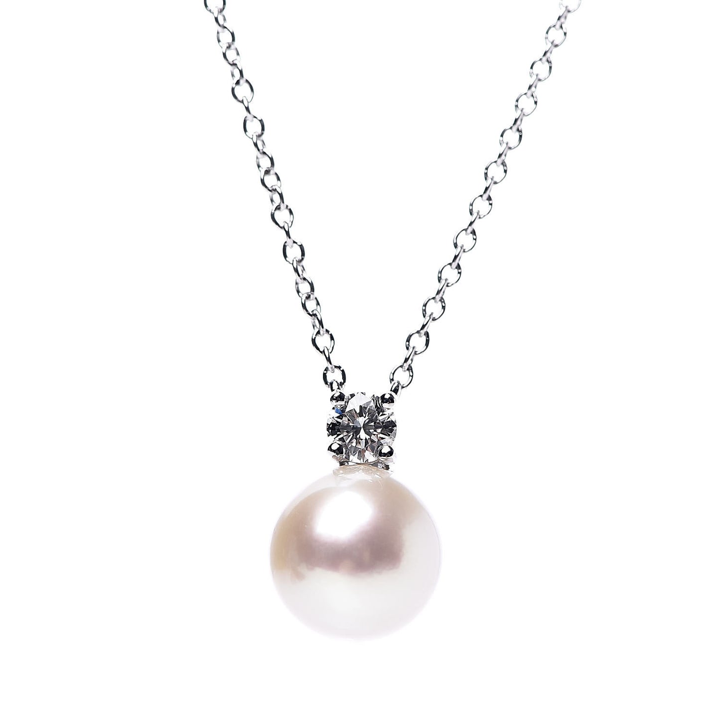 18K White Gold Diamond Akoya Pearl 7.5-8mm Signature Pendant Necklace