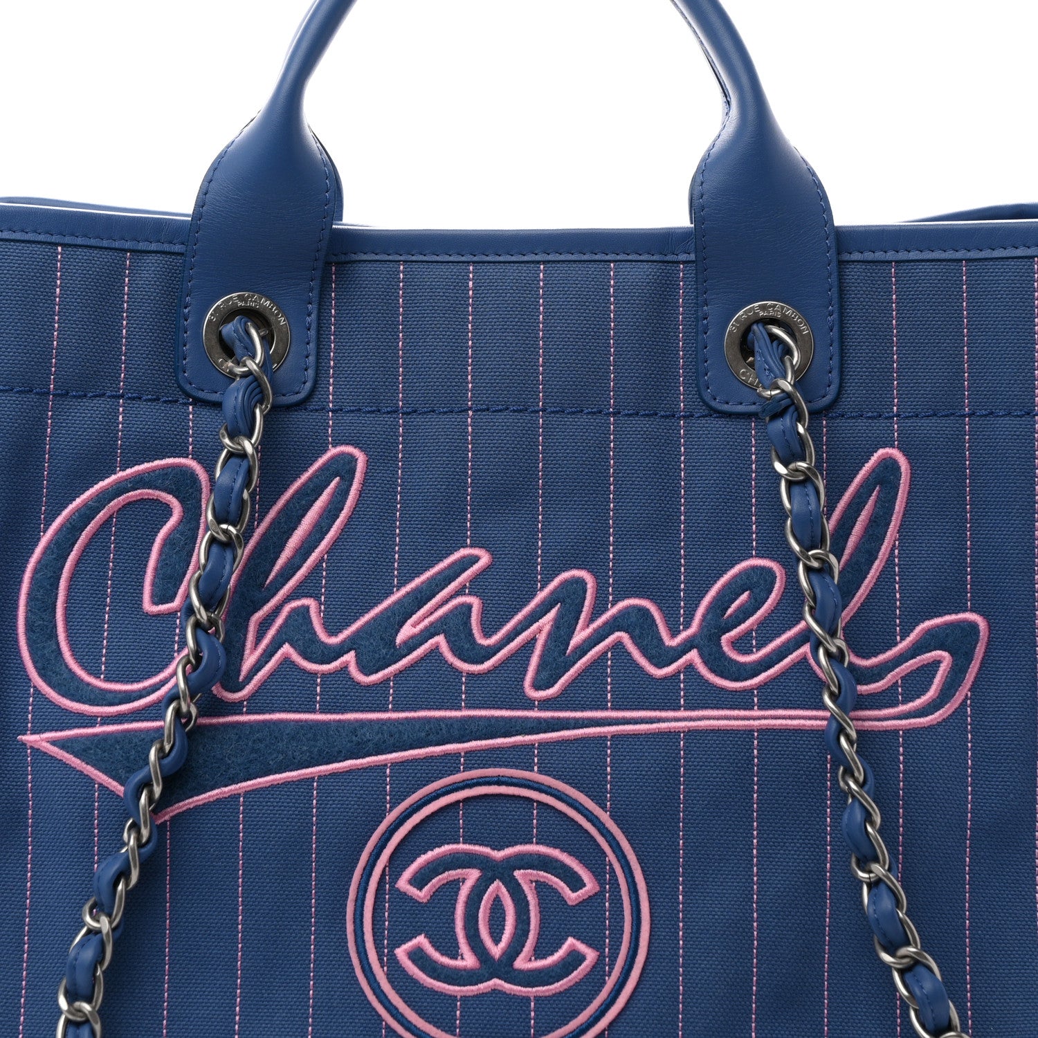 Chanel Canvas Calfskin Striped Medium Deauville Tote Blue 9 of 11