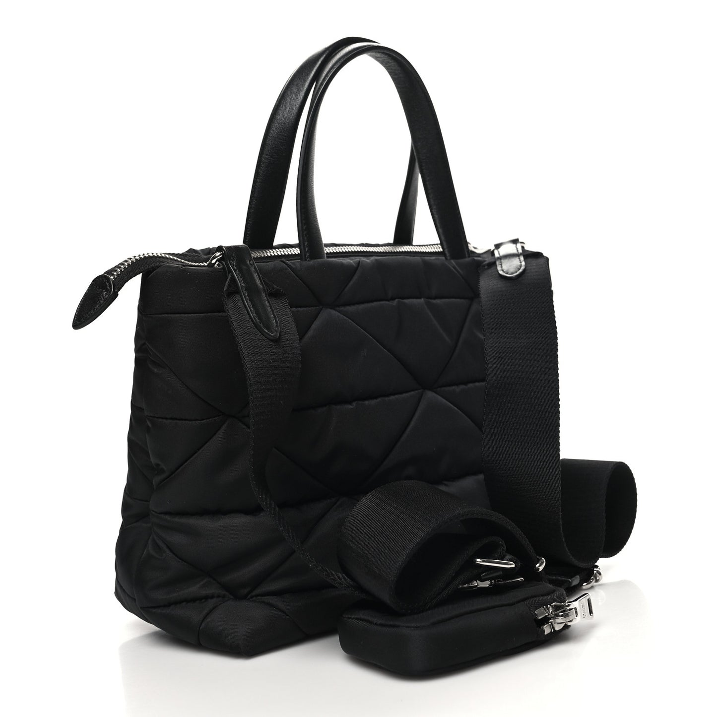 Re-Nylon Nappa Triangle Quilted Padded Double Handled Zip Pocket Tote Black