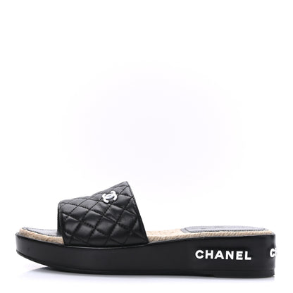 Chanel Lambskin Quilted CC Espadrille Slip On Sandals 40 Black 1 of 9