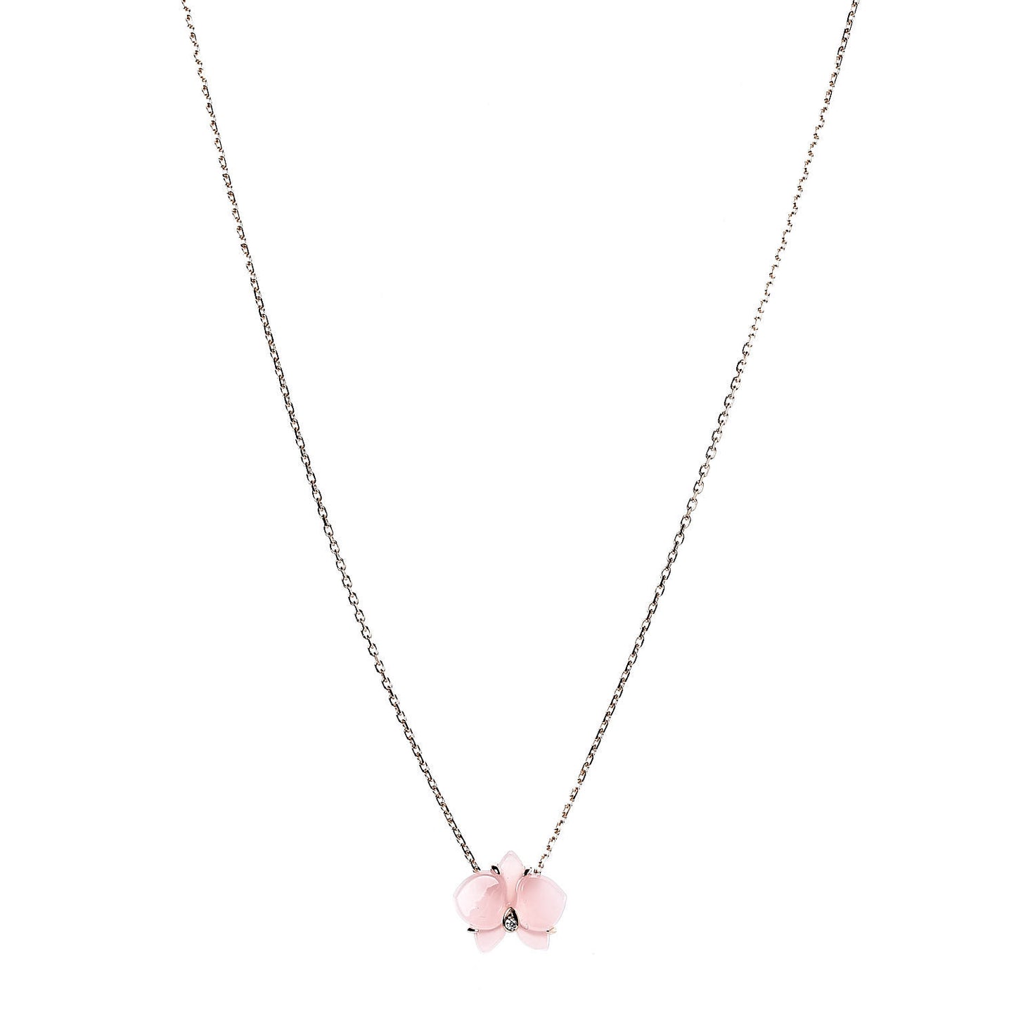 18K Pink Gold Rose Quartz Diamond Caresse D'Orchidees Par Pendant Necklace