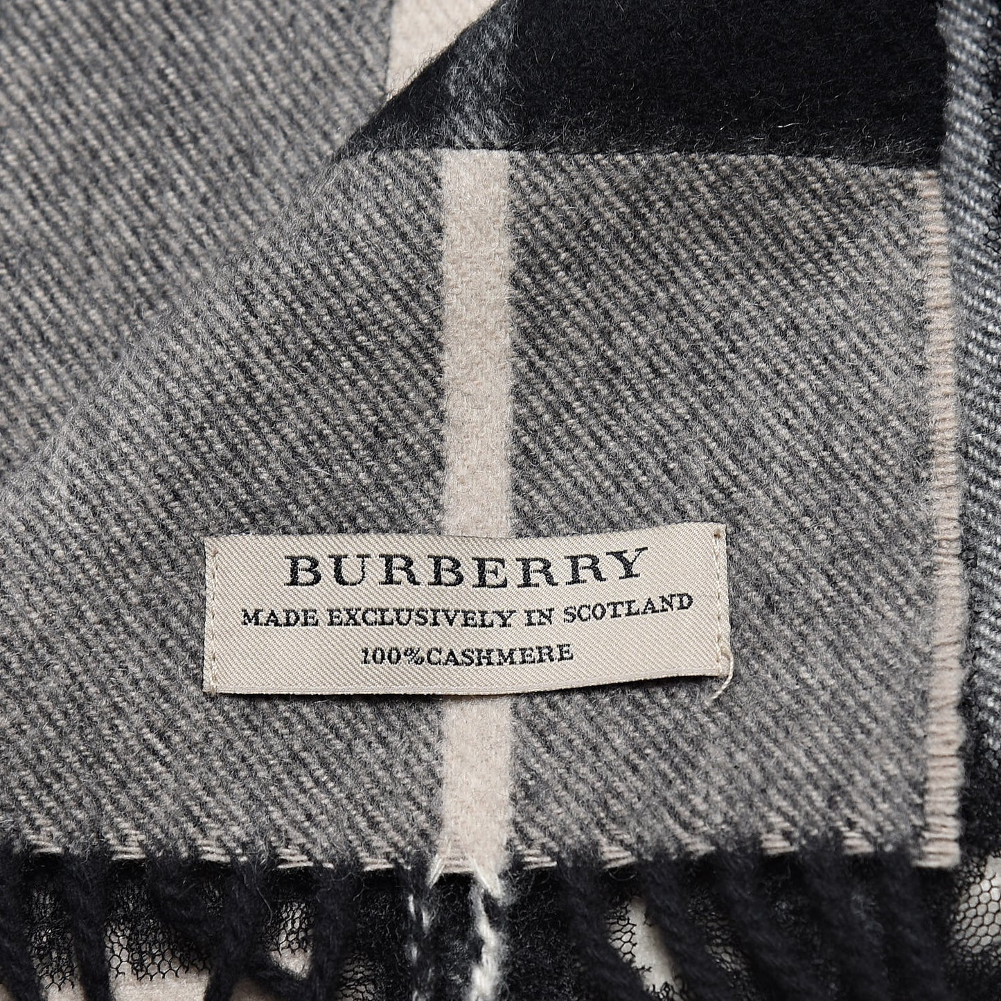 Cashmere Giant Check Fringe Scarf Grey Beige