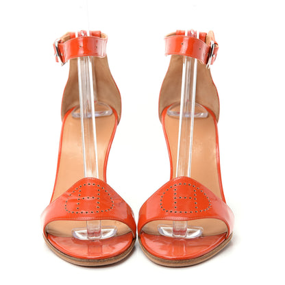 Hermes Patent Calfskin Perforated H Ankle Strap Wedge Sandals 39 Orange 2 of 11