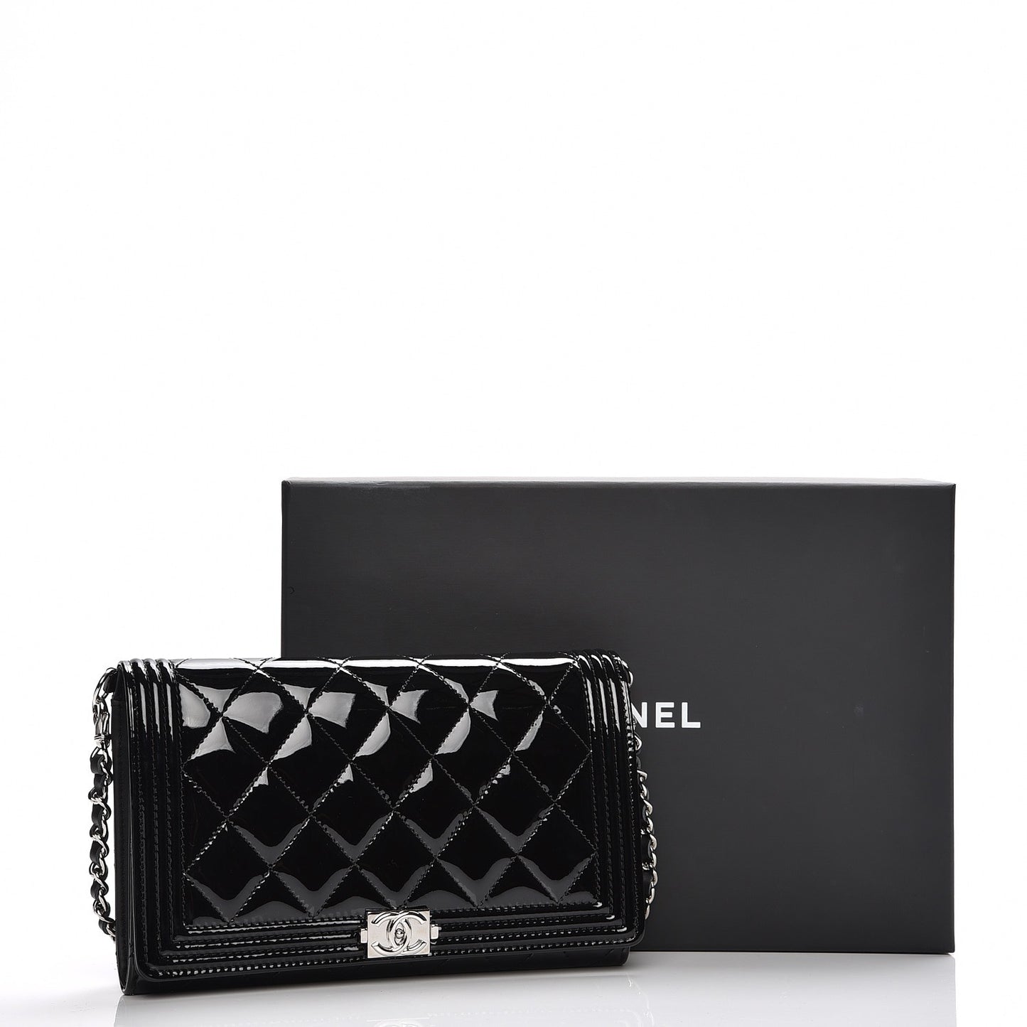 Patent Calfskin Quilted Boy Wallet on Removable Chain Black