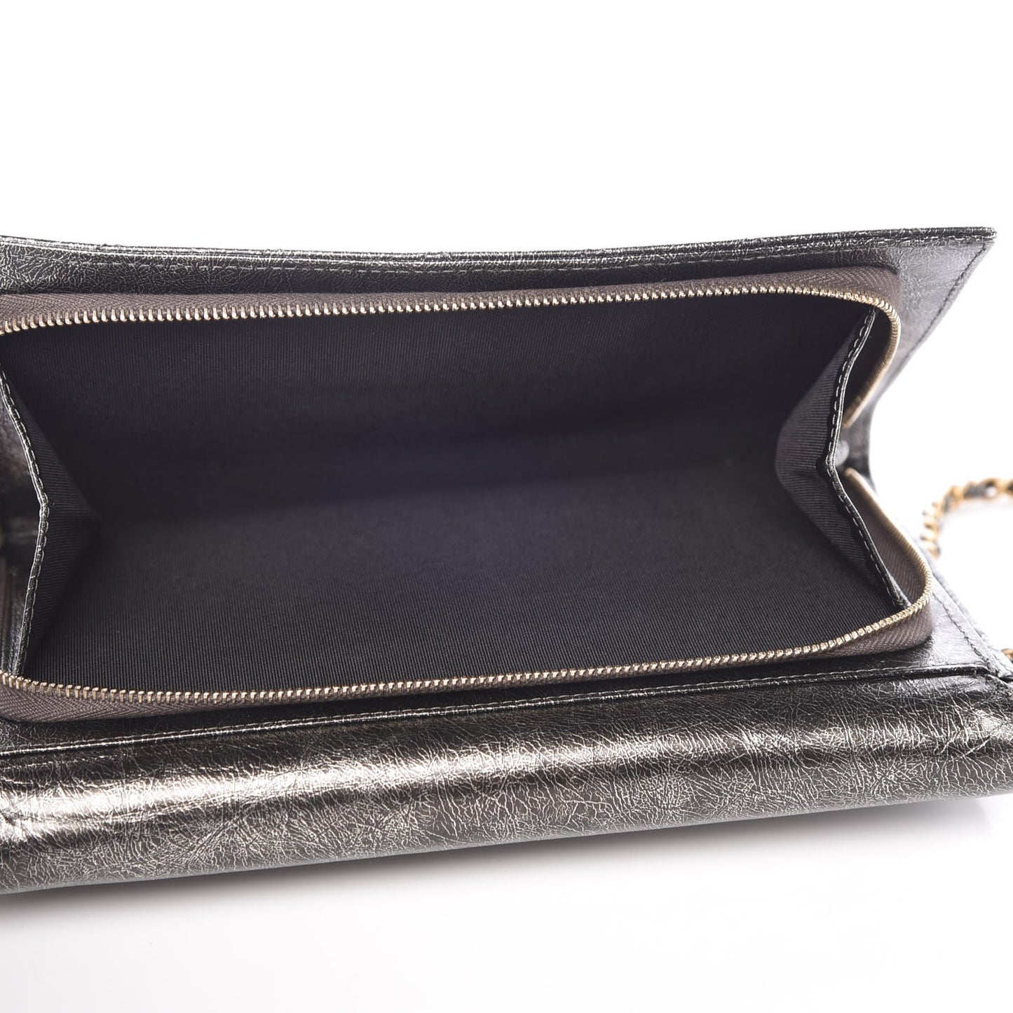 Cracked Metallic Calfskin Quilted Zip Away Chain Clutch Dark Silver