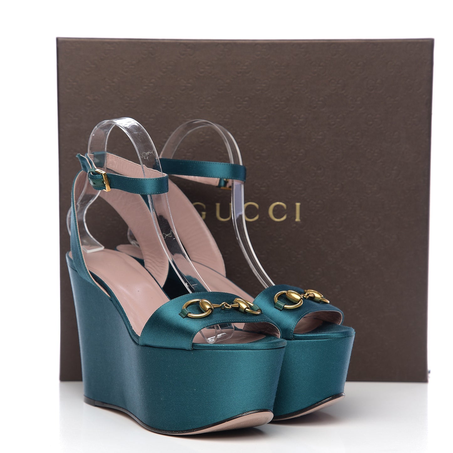 Satin Liliane Horsebit Platform Wedge Sandals 39 Turchese