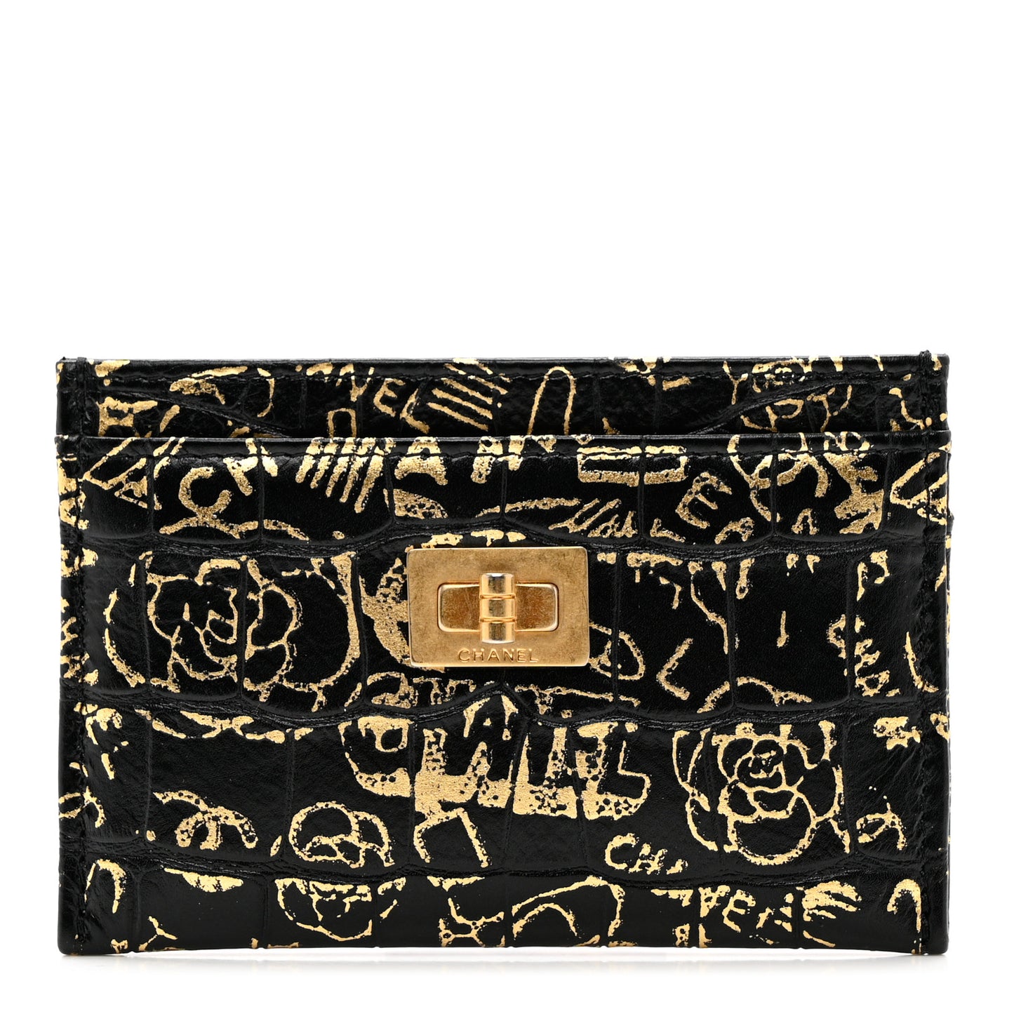 Calfskin Crocodile Embossed Graffiti 2.55 Cocodile Reissue Card Holder Black Gold