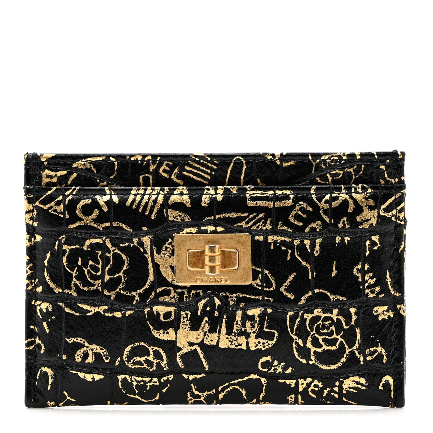Chanel Calfskin Crocodile Embossed Graffiti 2.55 Cocodile Reissue Card Holder Black Gold 1 of 8