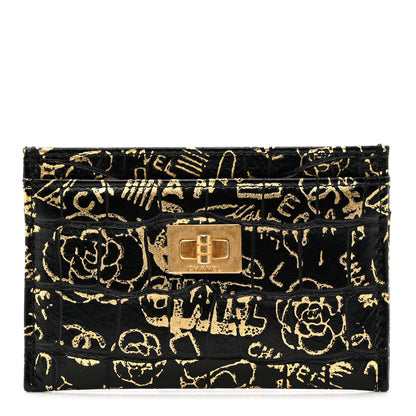 Chanel Calfskin Crocodile Embossed Graffiti 2.55 Cocodile Reissue Card Holder Black Gold 1 of 8