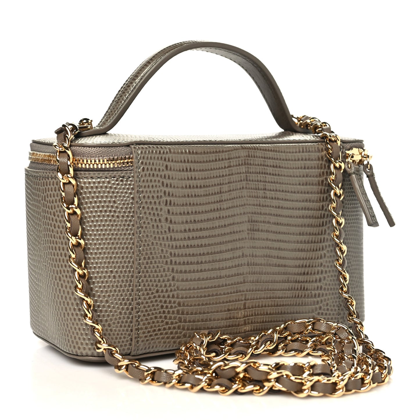 Calfskin Lizard Embossed Top Handle Vanity With Chain  Dark Khaki