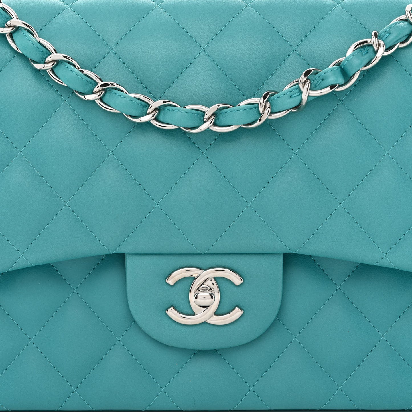 Lambskin Quilted Jumbo Double Flap Turquoise