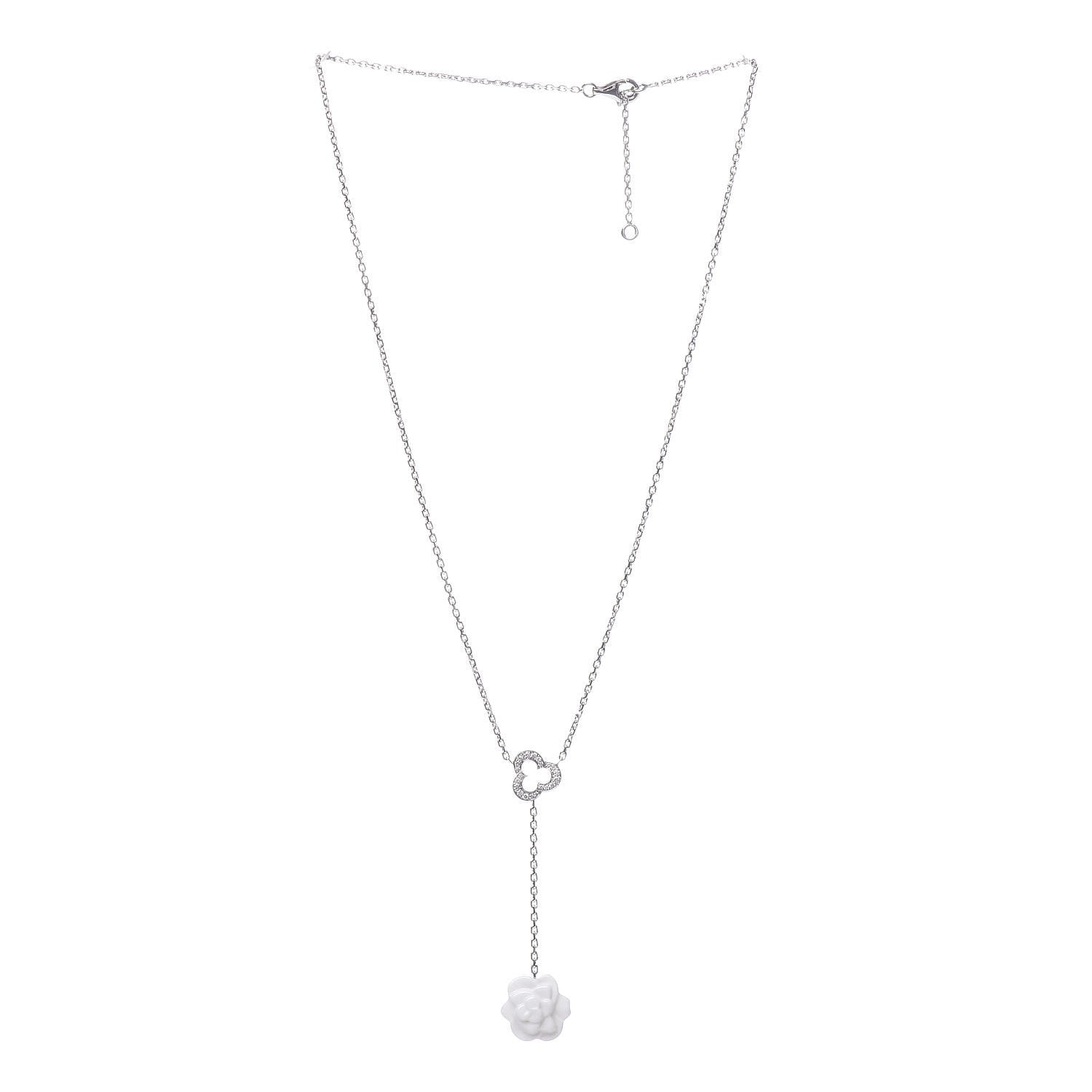 Chanel 18K White Gold Diamond Agate Camelia Sculpte Pendant Necklace 3 of 6