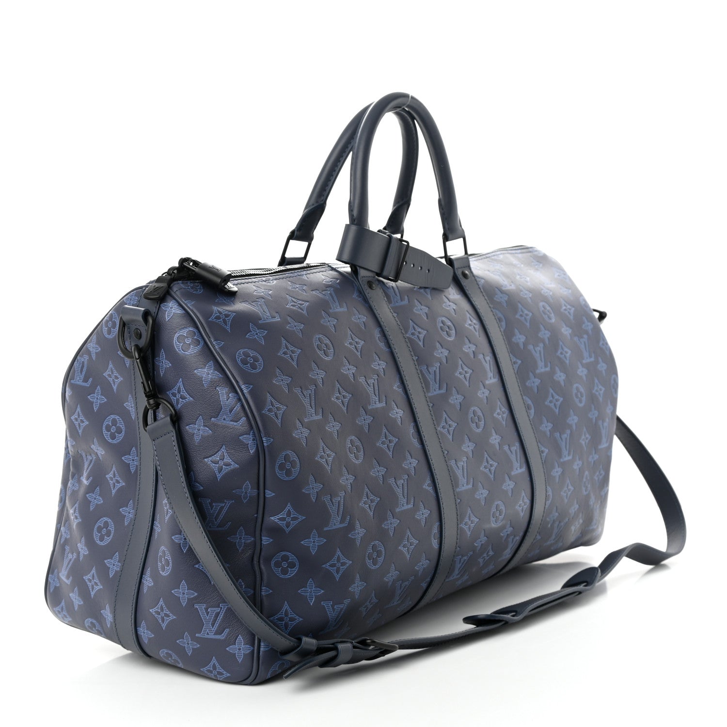Louis Vuitton Calfskin Monogram Shadow Keepall Bandouliere 50 Navy 2 of 9