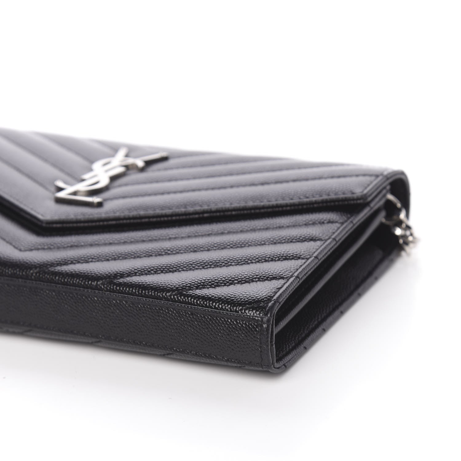 Saint Laurent Grain De Poudre Matelasse Chevron Monogram Chain Wallet Black 10 of 11