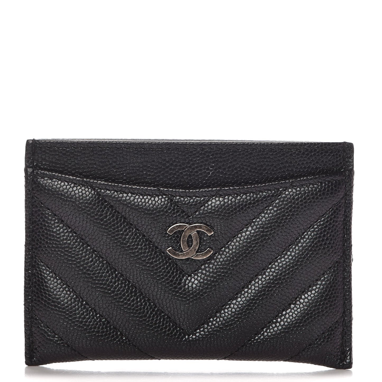 Iridescent Caviar Chevron Quilted Card Holder Black