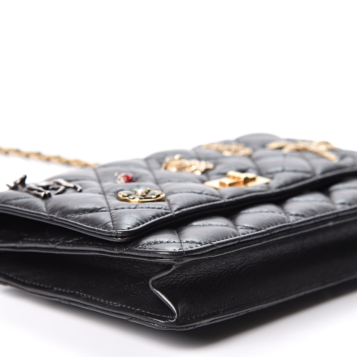 Chanel Aged Calfskin Quilted Lucky Charms 2.55 Reissue Wallet On Chain WOC Black 8 of 11