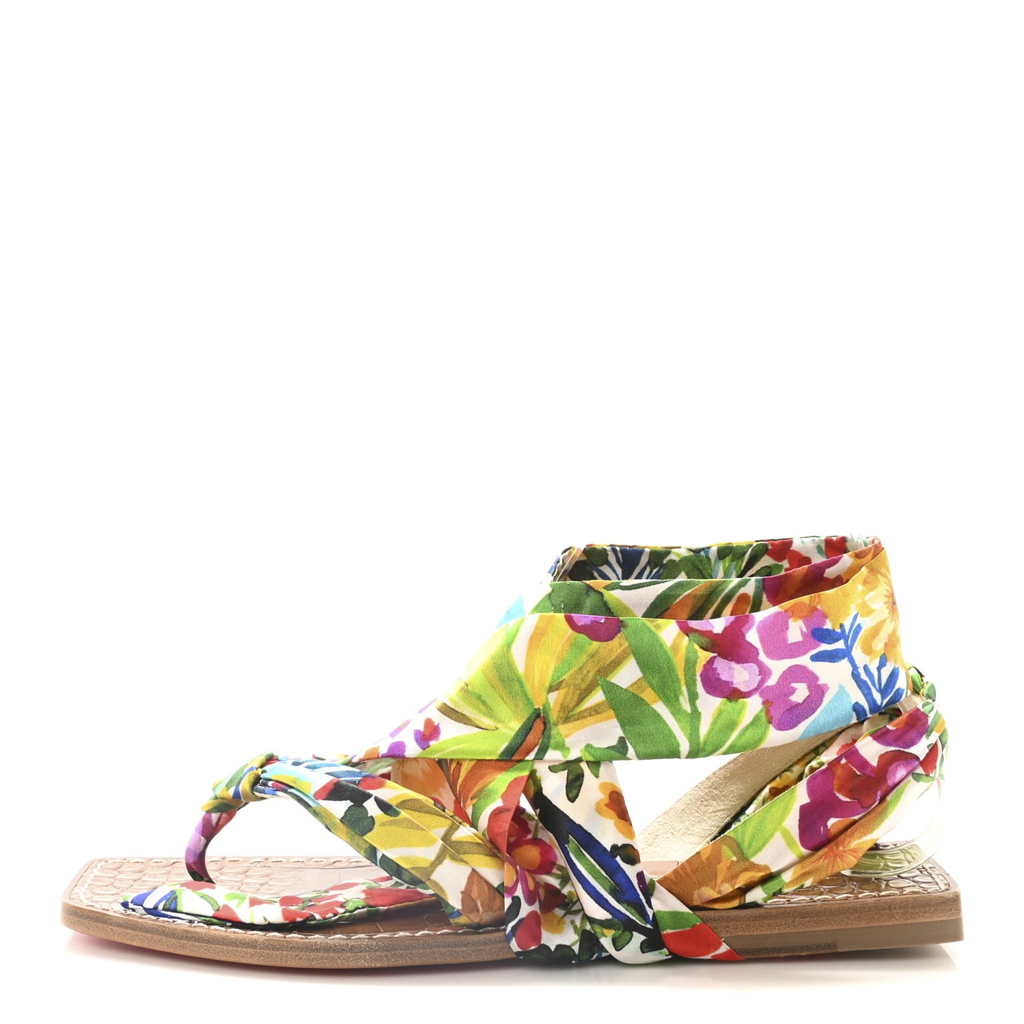 Calfskin Crocodile Embossed Crepe Satin Floral Niloofar Flat Sandals 38 Multicolor Biscotto