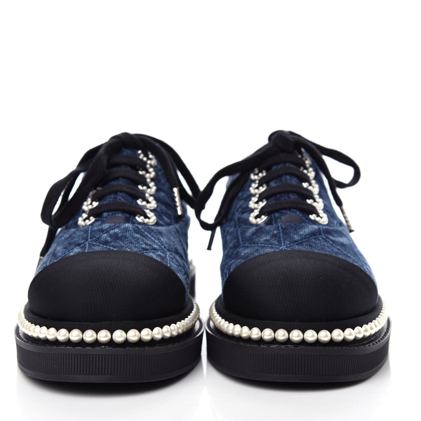 Denim Grosgrain Camellia Pearl Lace Up Sneakers 36 Blue Black