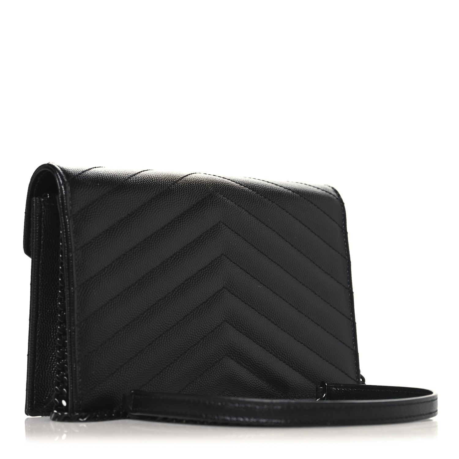 Saint Laurent Grain De Poudre Matelasse Chevron Monogram Monochrome Envelope Chain Wallet Black 3 of 10
